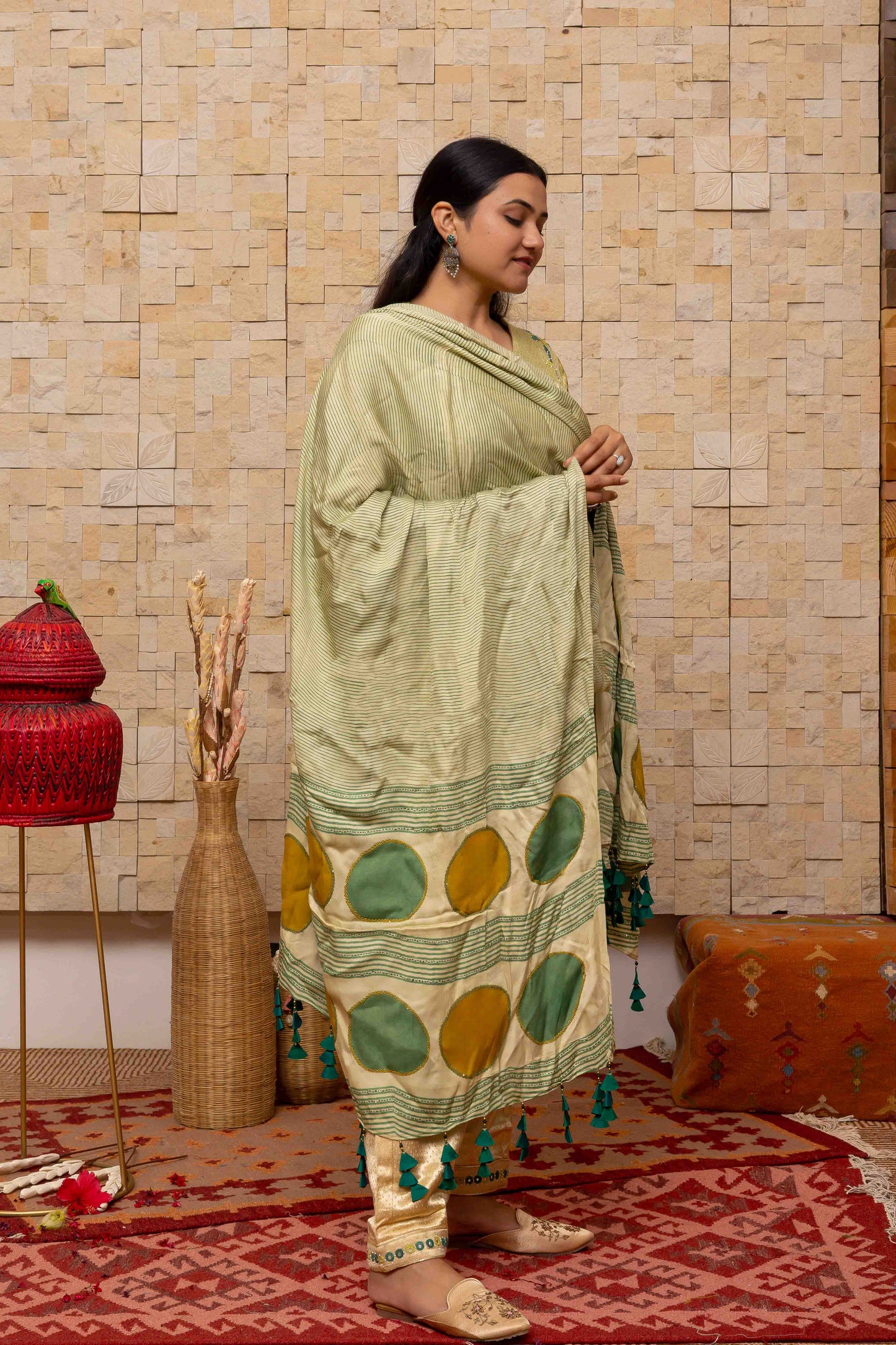 Cream Dupatta with Green-Yellow block-printed design and Tassels
