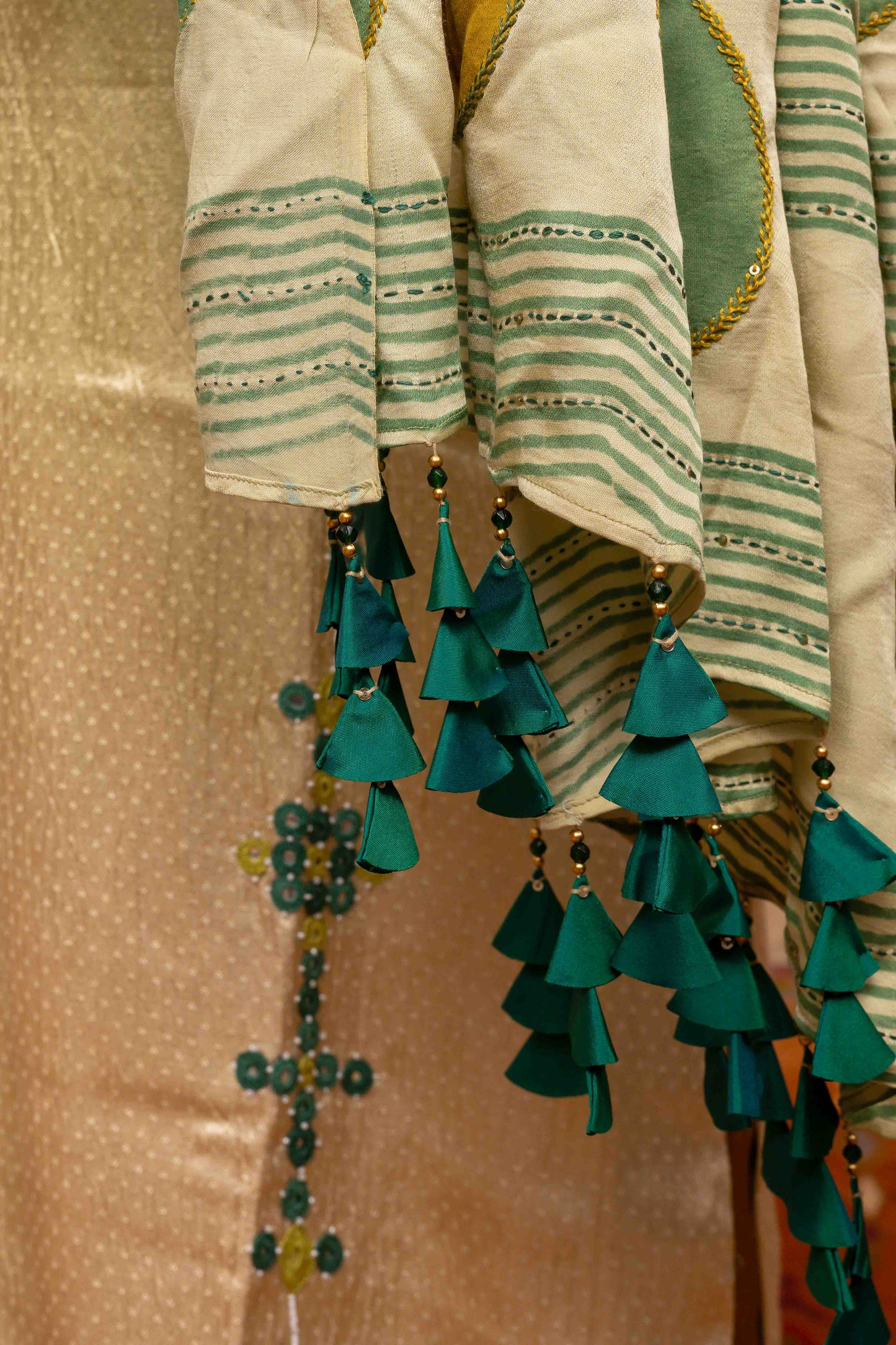 Cream Dupatta with Green-Yellow block-printed design and Tassels