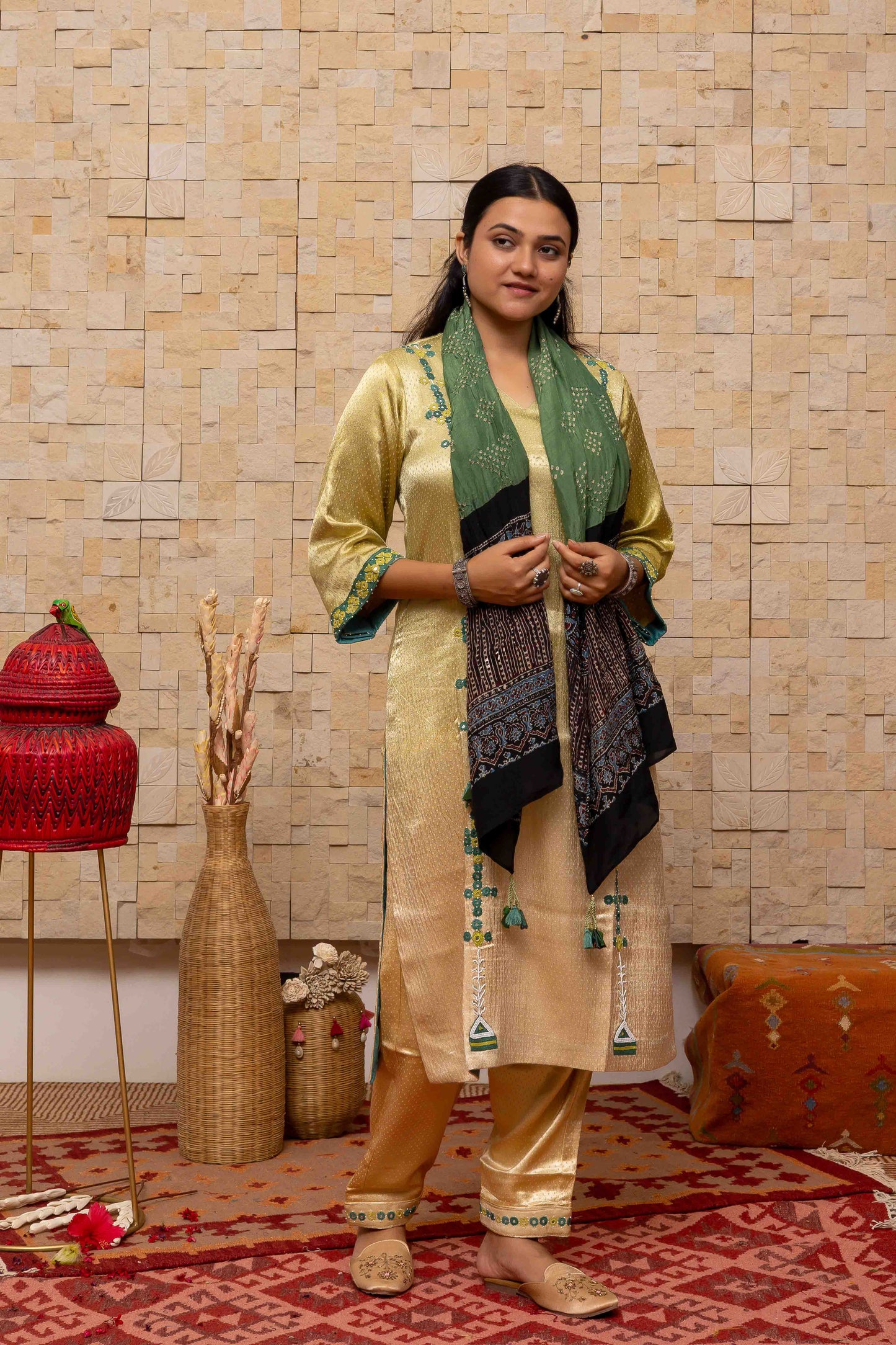 Green Ajrakh Bandhani Stole With Handcrafted Tassels