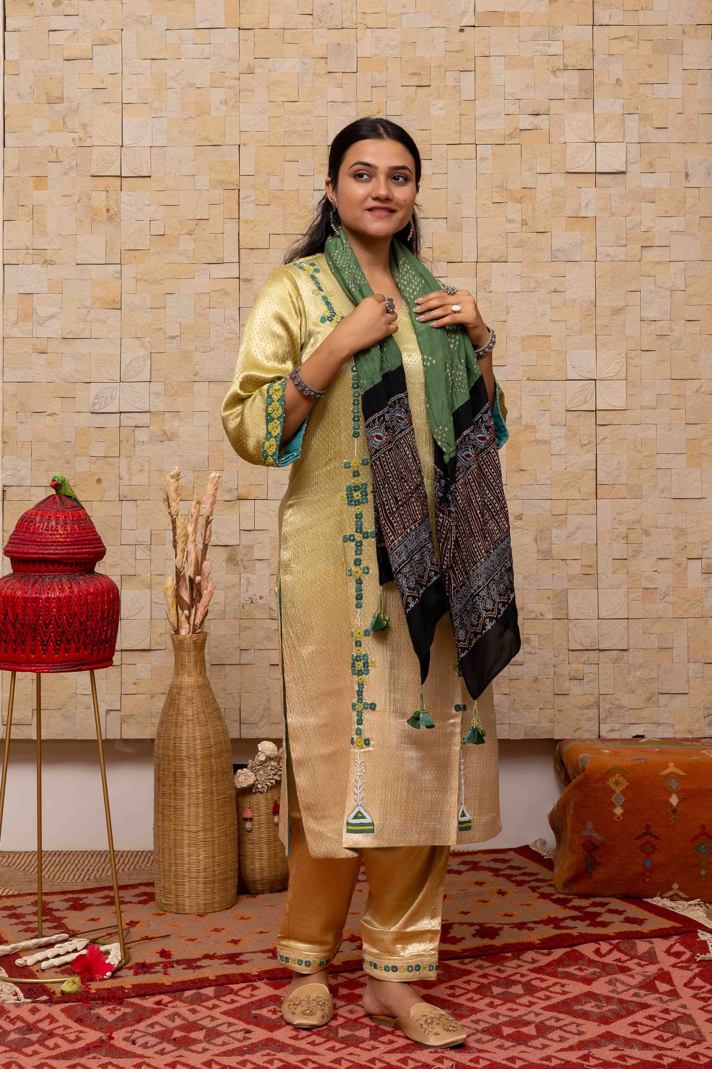 Green Ajrakh Bandhani Stole With Handcrafted Tassels