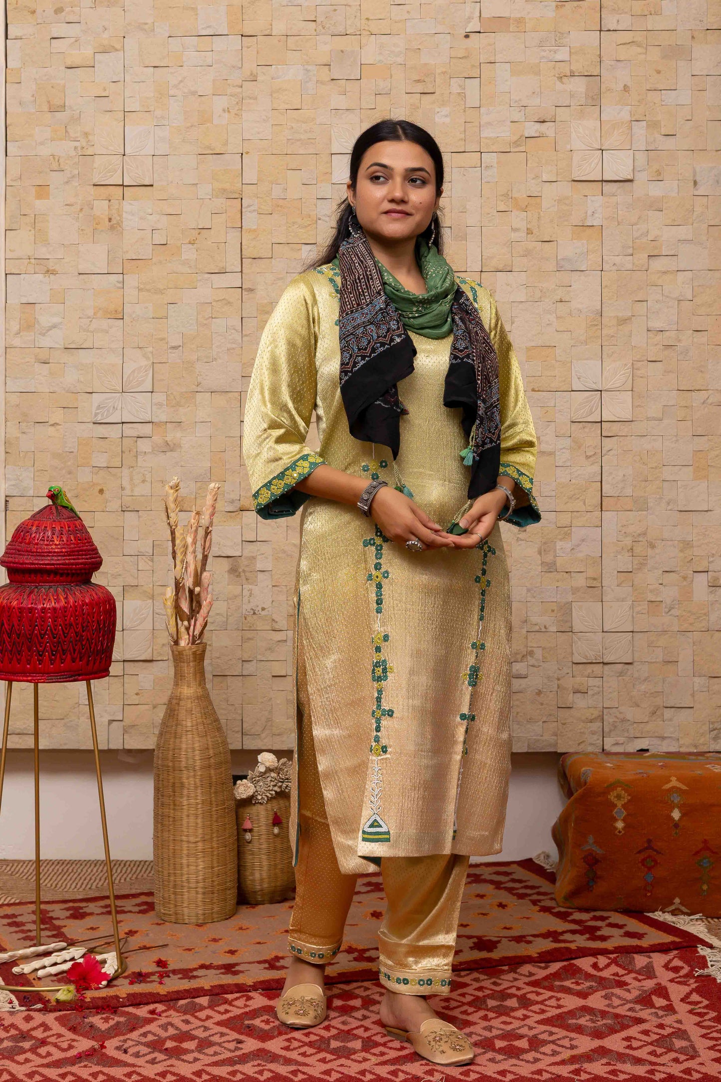 Green Ajrakh Bandhani Stole With Handcrafted Tassels