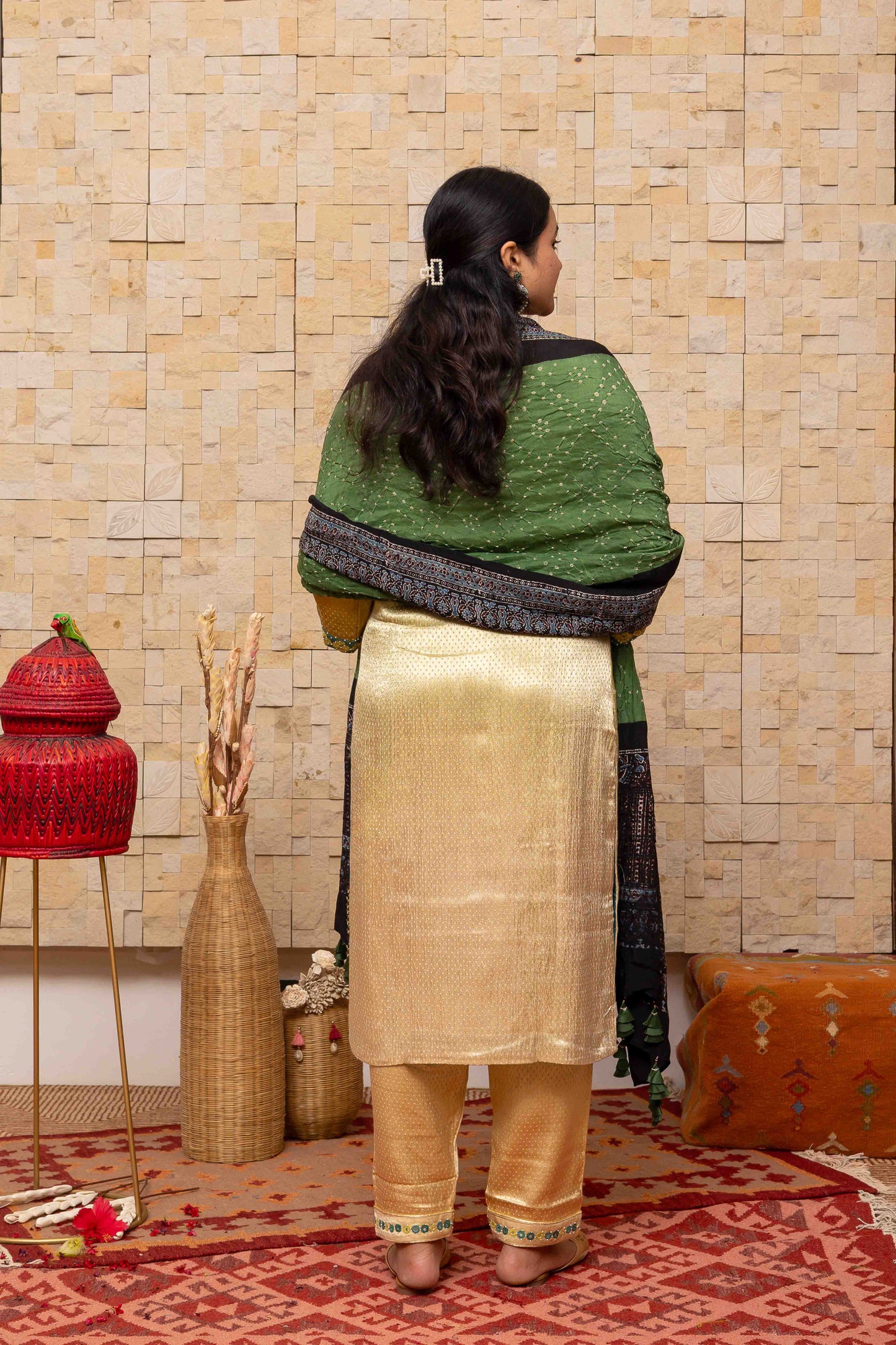 Ajrakh Bandhani Dupatta In Green Decorated With Tassels