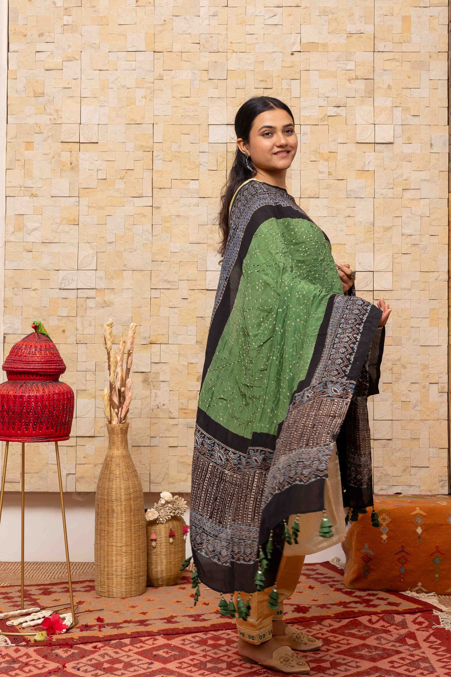 Ajrakh Bandhani Dupatta In Green Decorated With Tassels
