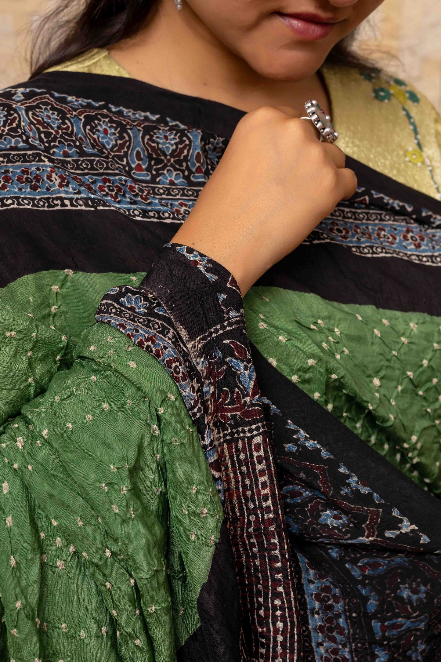 Ajrakh Bandhani Dupatta In Green Decorated With Tassels