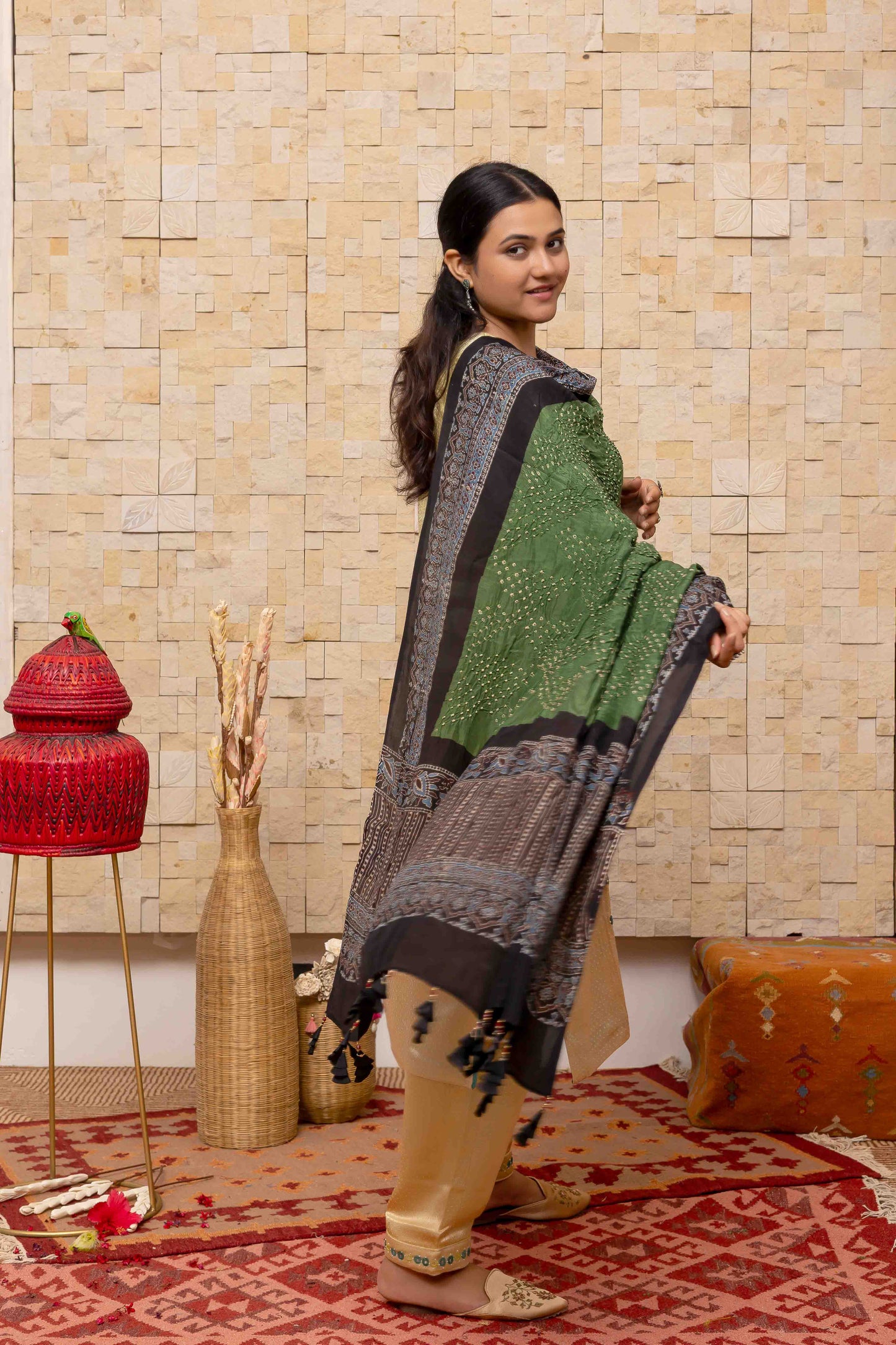Ajrakh Bandhani Dupatta In Green Decorated With Tassels