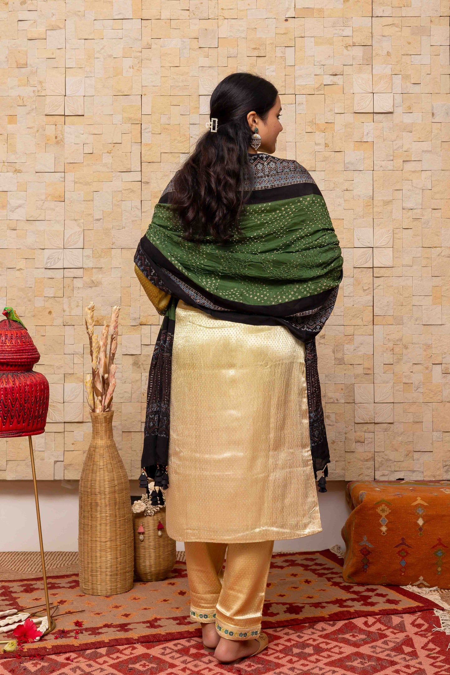 Olive Green Ajrakh Bandhani Dupatta With Handmade Tassels