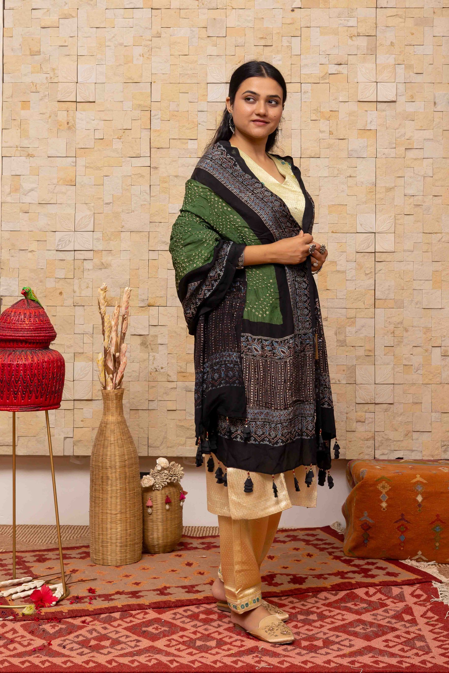 Olive Green Ajrakh Bandhani Dupatta With Handmade Tassels