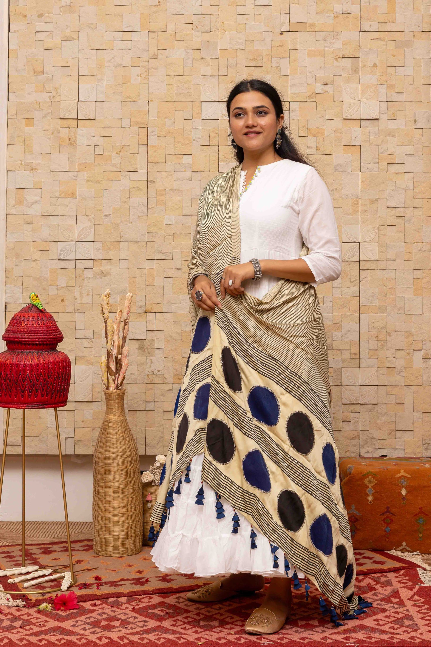 Dupatta With Block Print and Tassels