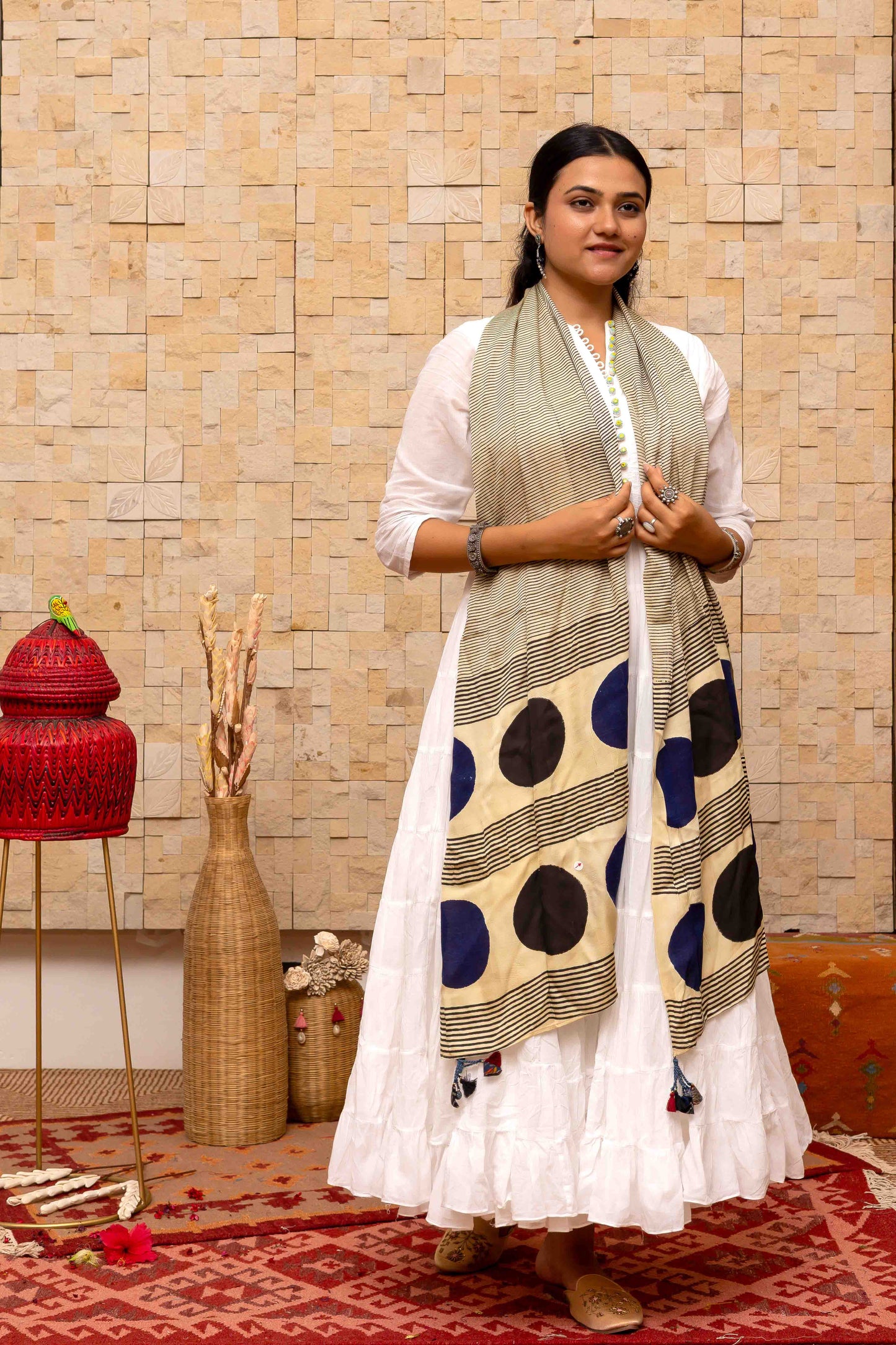 Dupatta With Block Print and Tassels