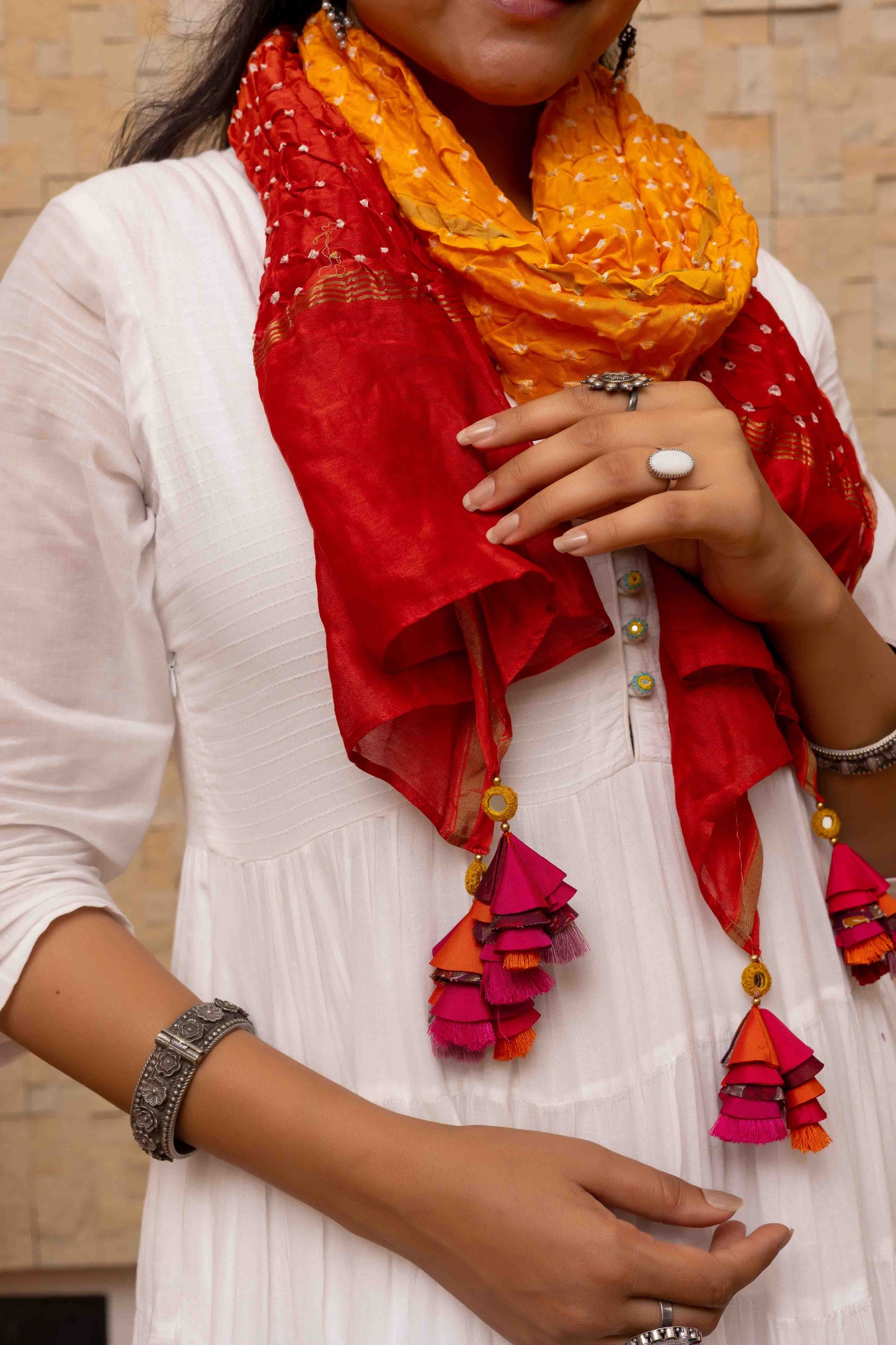 Evergreen Orange-Red Bandhani Stole With Handmade Tassels