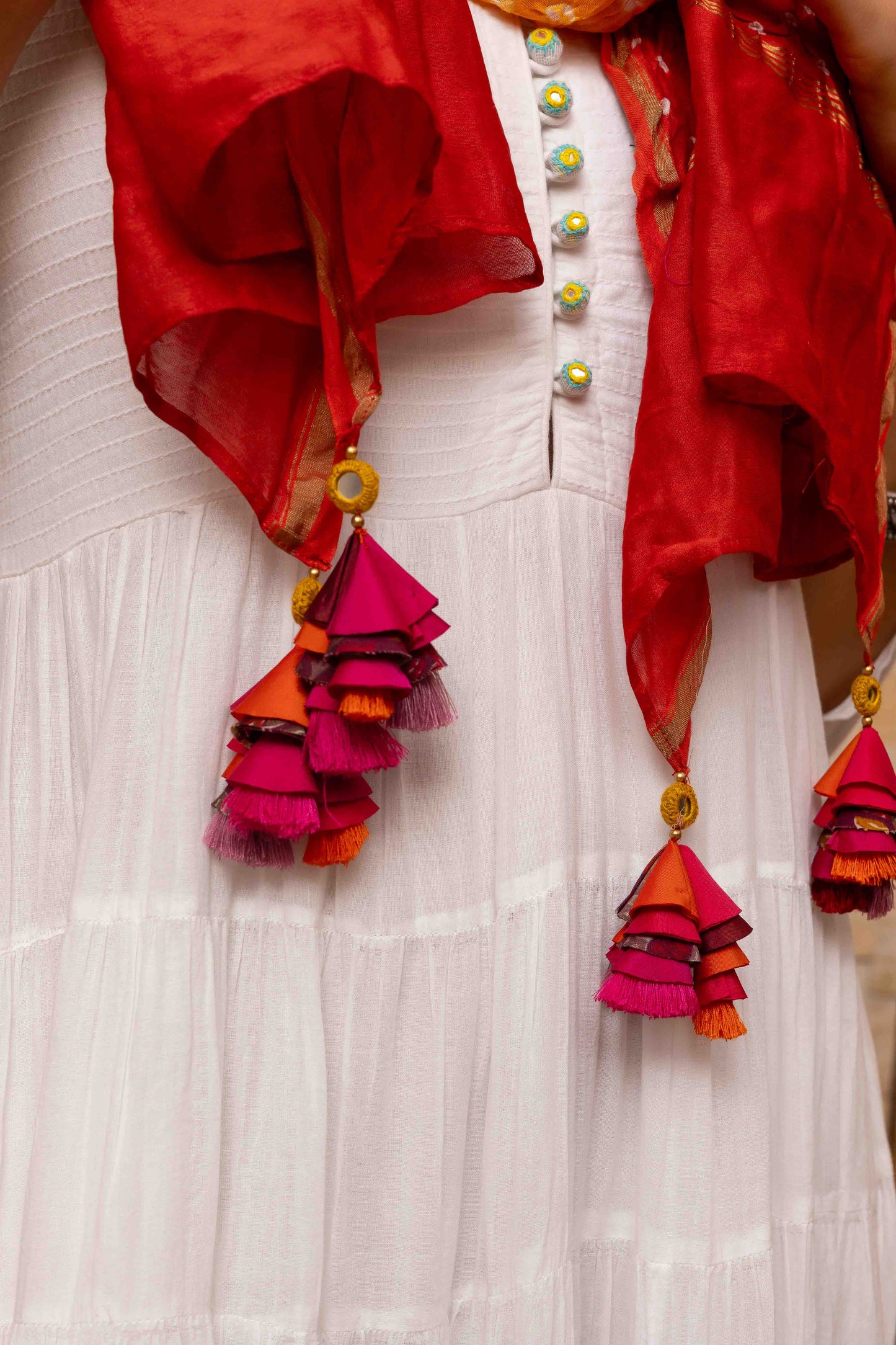Evergreen Orange-Red Bandhani Stole With Handmade Tassels