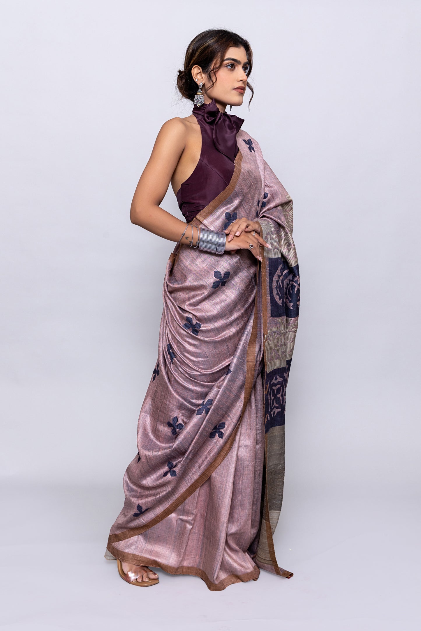 Handcrafted Lavender Tussar Silk Saree – Artisanal Appliqué Elegance