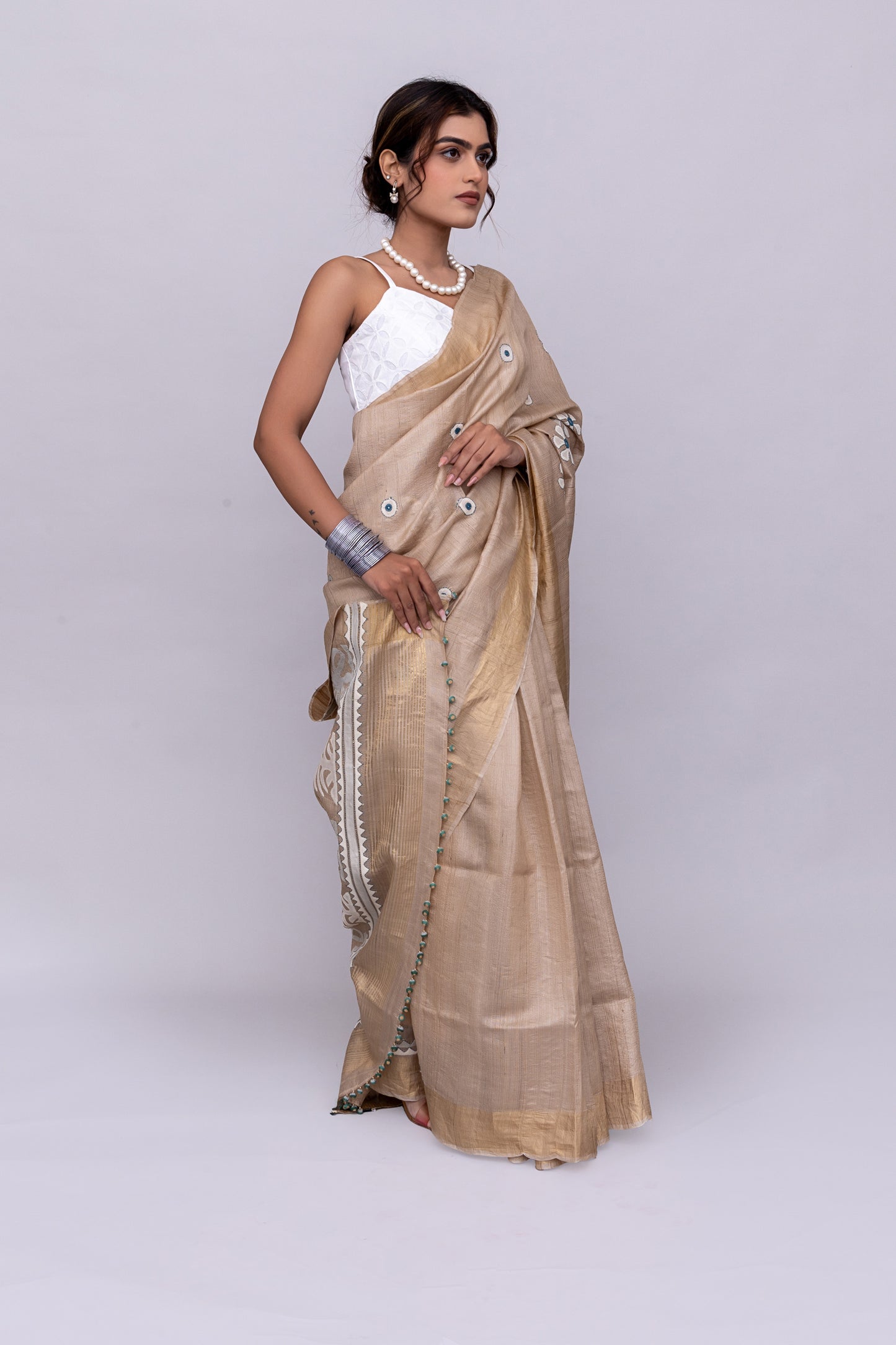 Festive Ivory Tussar Silk Saree With Handcrafted Appliqué and Floral Embroidery