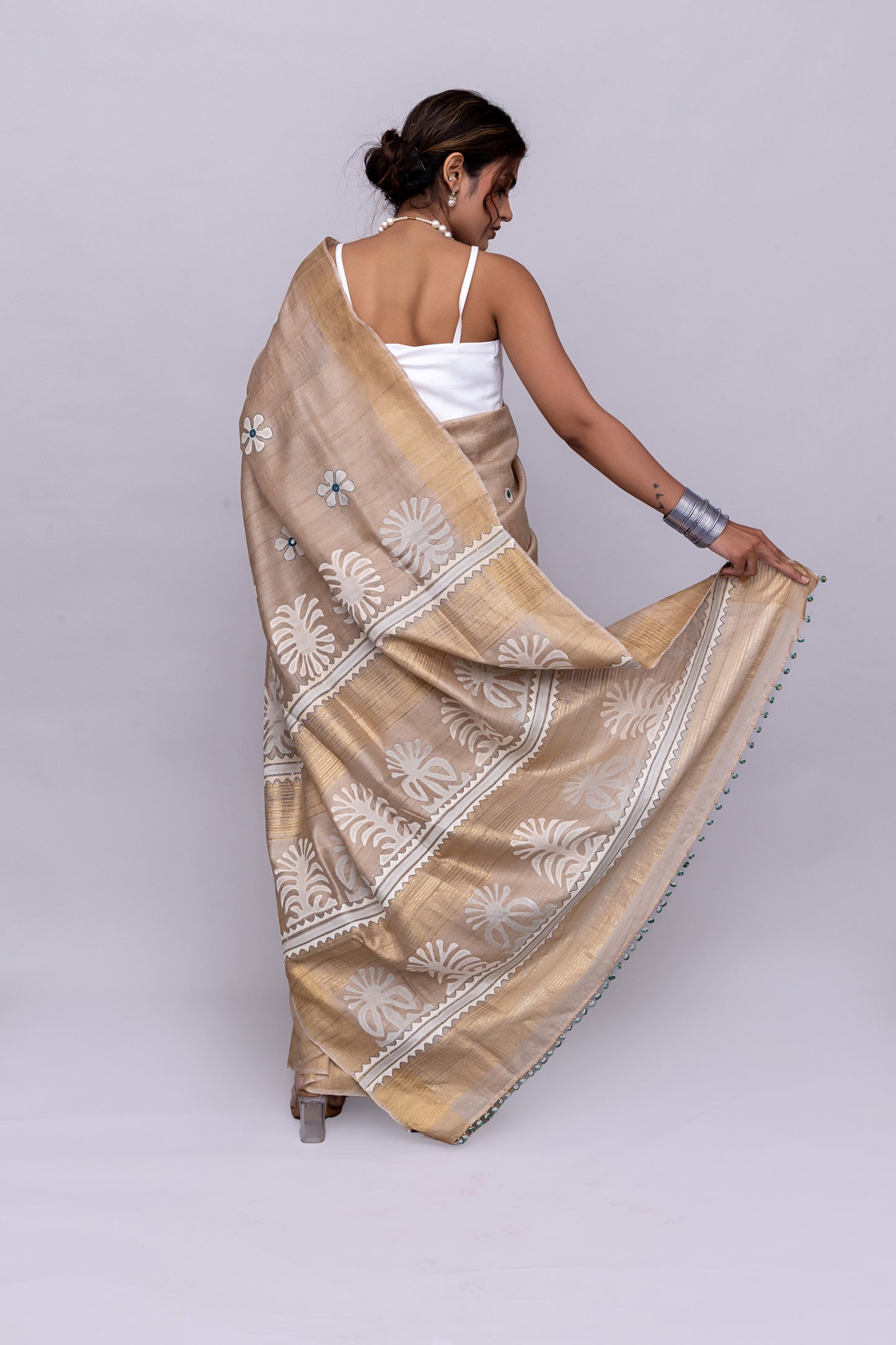 Festive Ivory Tussar Silk Saree With Handcrafted Appliqué and Floral Embroidery