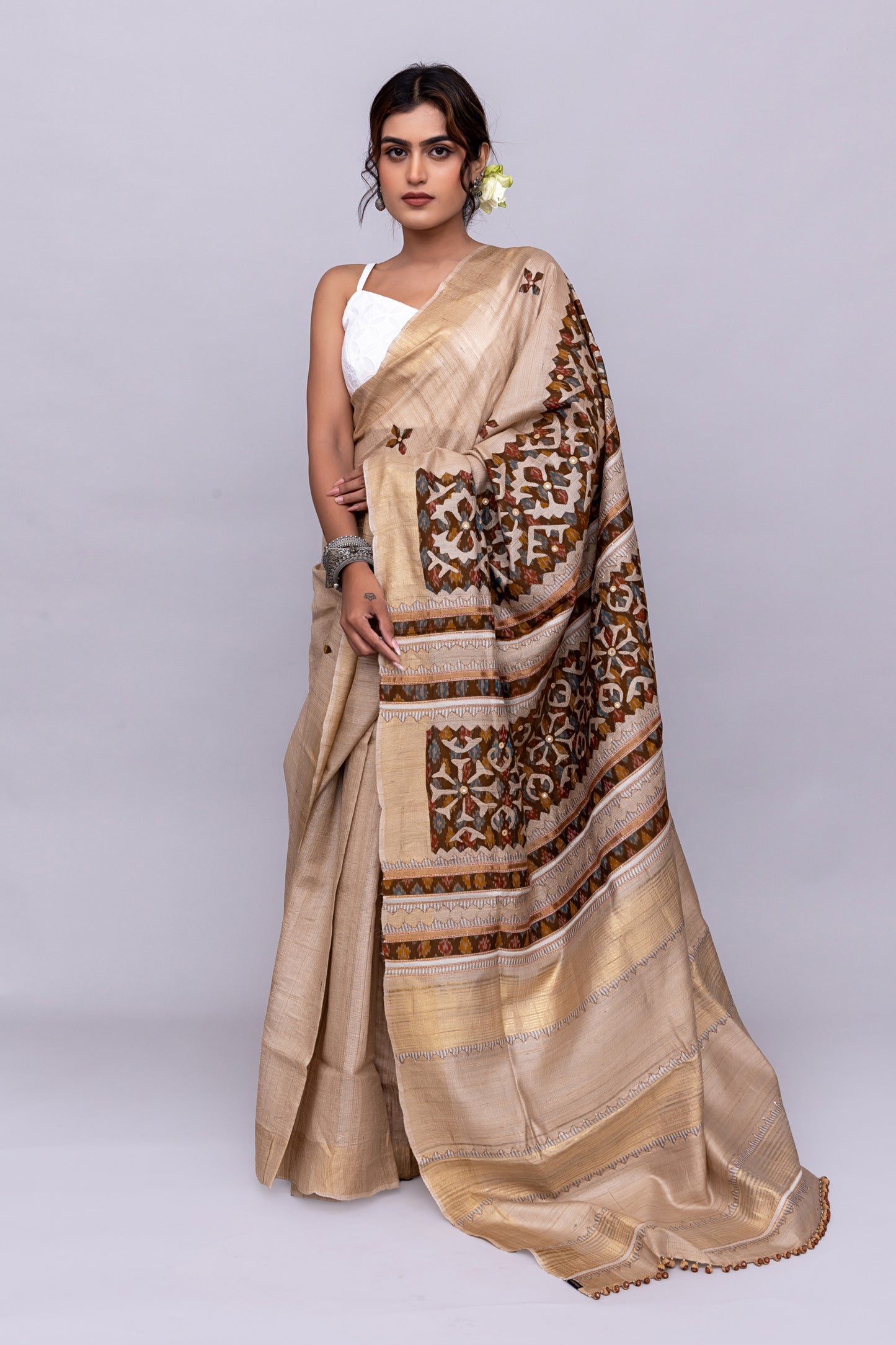 Artisanal Ivory Tussar Silk Saree With Subtle Appliqué Work