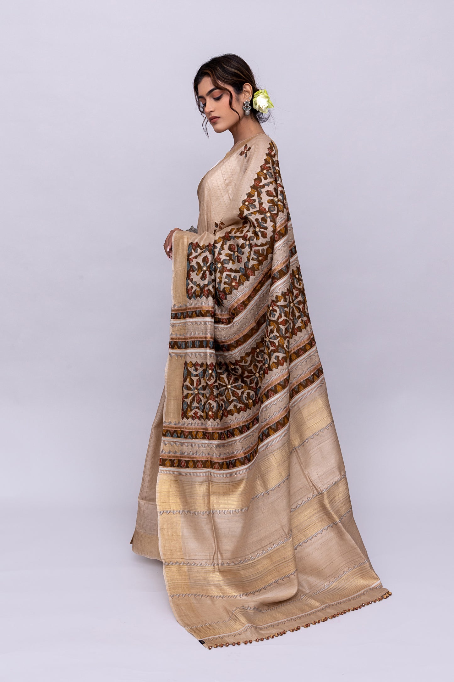 Artisanal Ivory Tussar Silk Saree With Subtle Appliqué Work