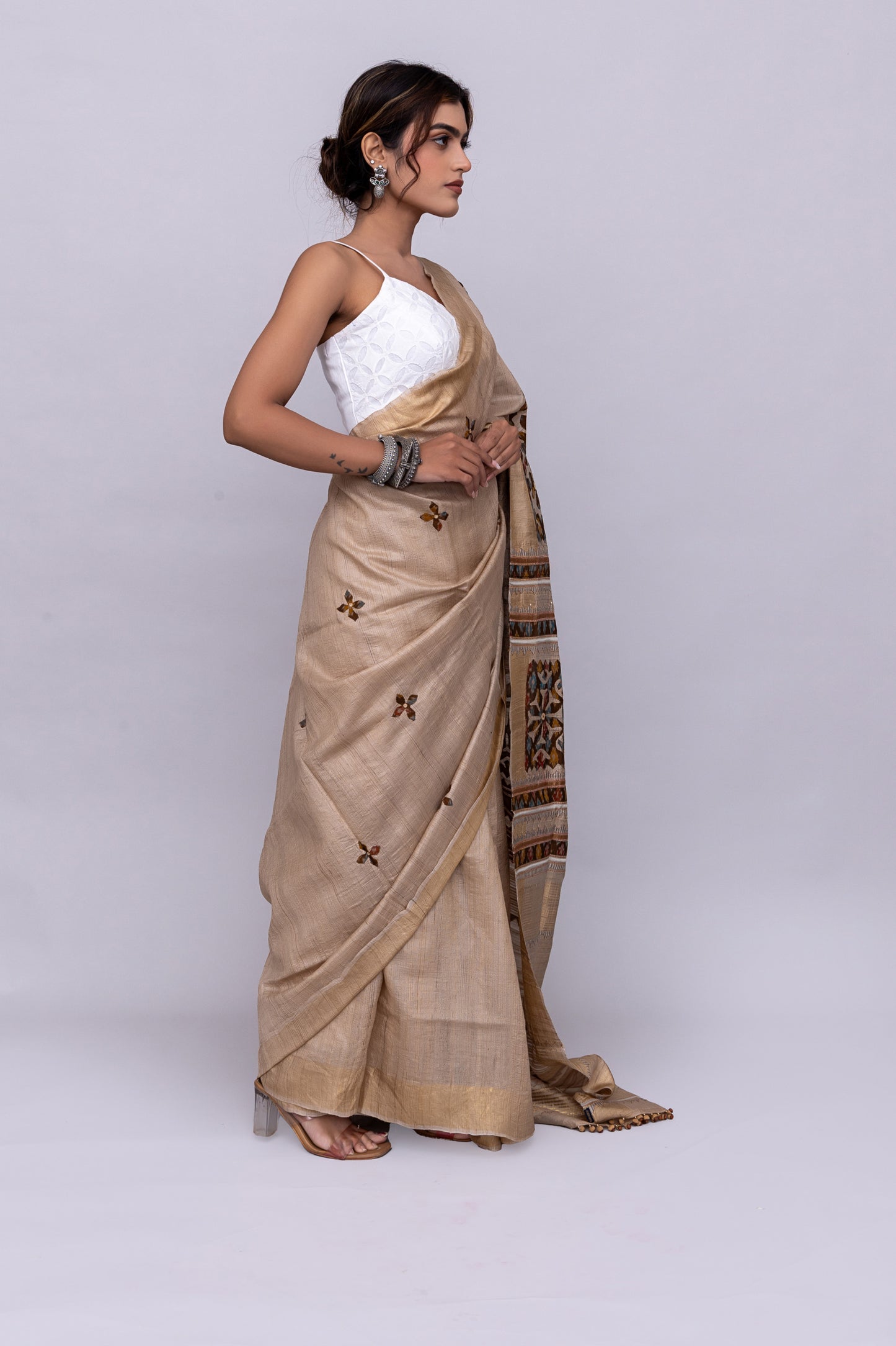 Artisanal Ivory Tussar Silk Saree With Subtle Appliqué Work