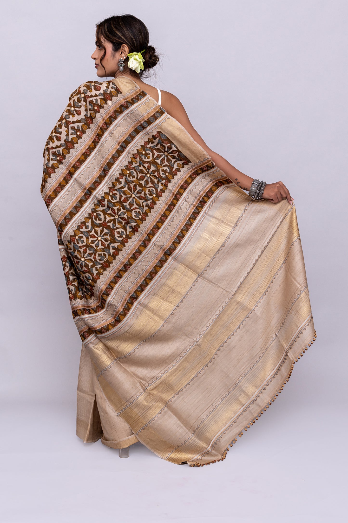 Artisanal Ivory Tussar Silk Saree With Subtle Appliqué Work