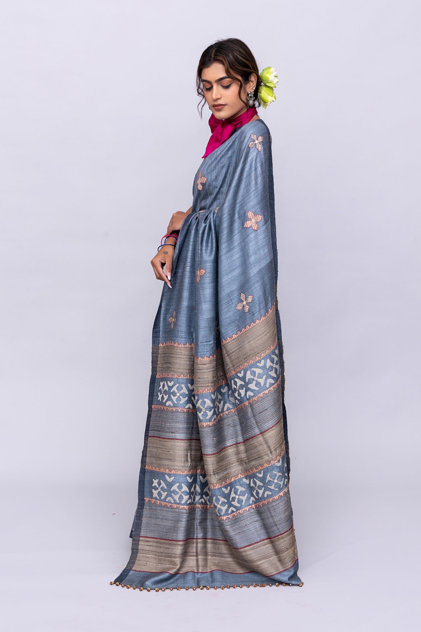 Exclusive Dark Grey Tussar Silk Saree With Handcrafted Appliqué Motifs