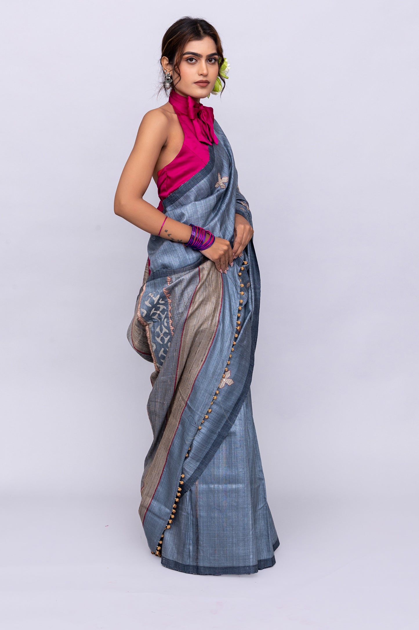 Exclusive Dark Grey Tussar Silk Saree With Handcrafted Appliqué Motifs