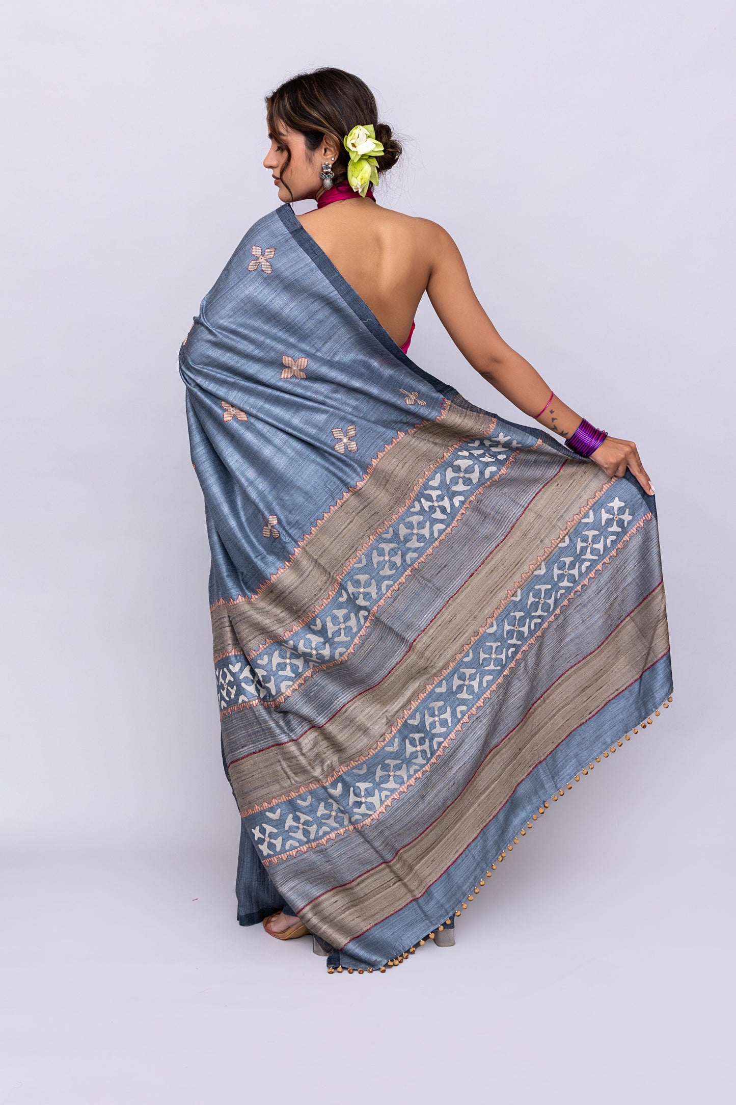 Exclusive Dark Grey Tussar Silk Saree With Handcrafted Appliqué Motifs