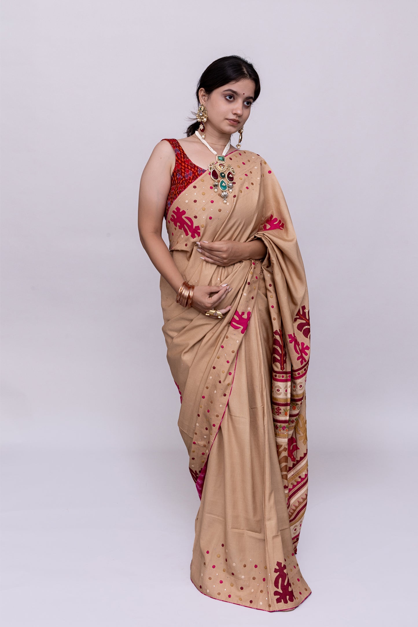 Luxury Satin Silk Saree in Beige With Red Hand Appliqué