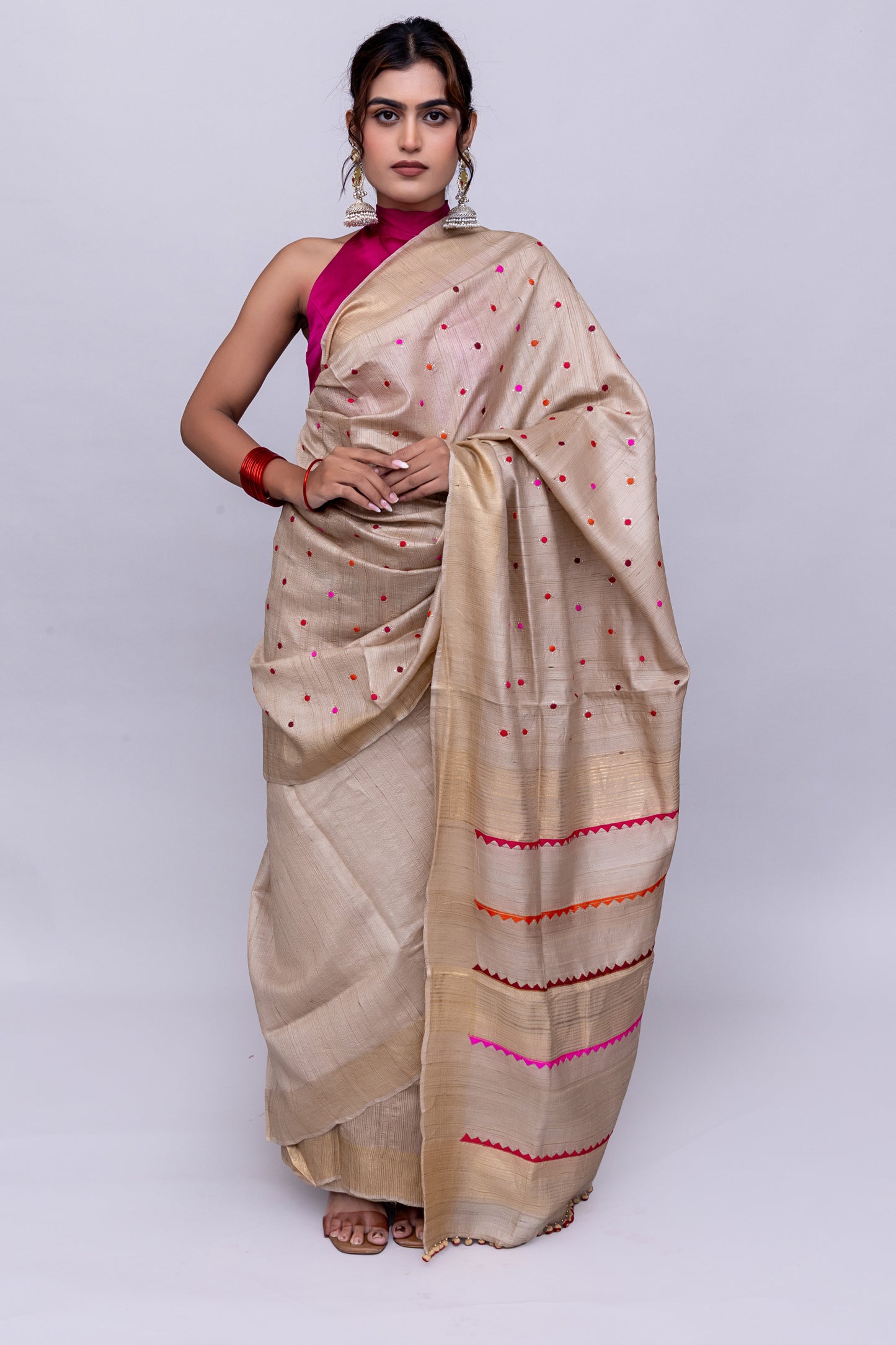 Luxury Ivory Tussar Silk Saree With Delicate Aari & Appliqué Work