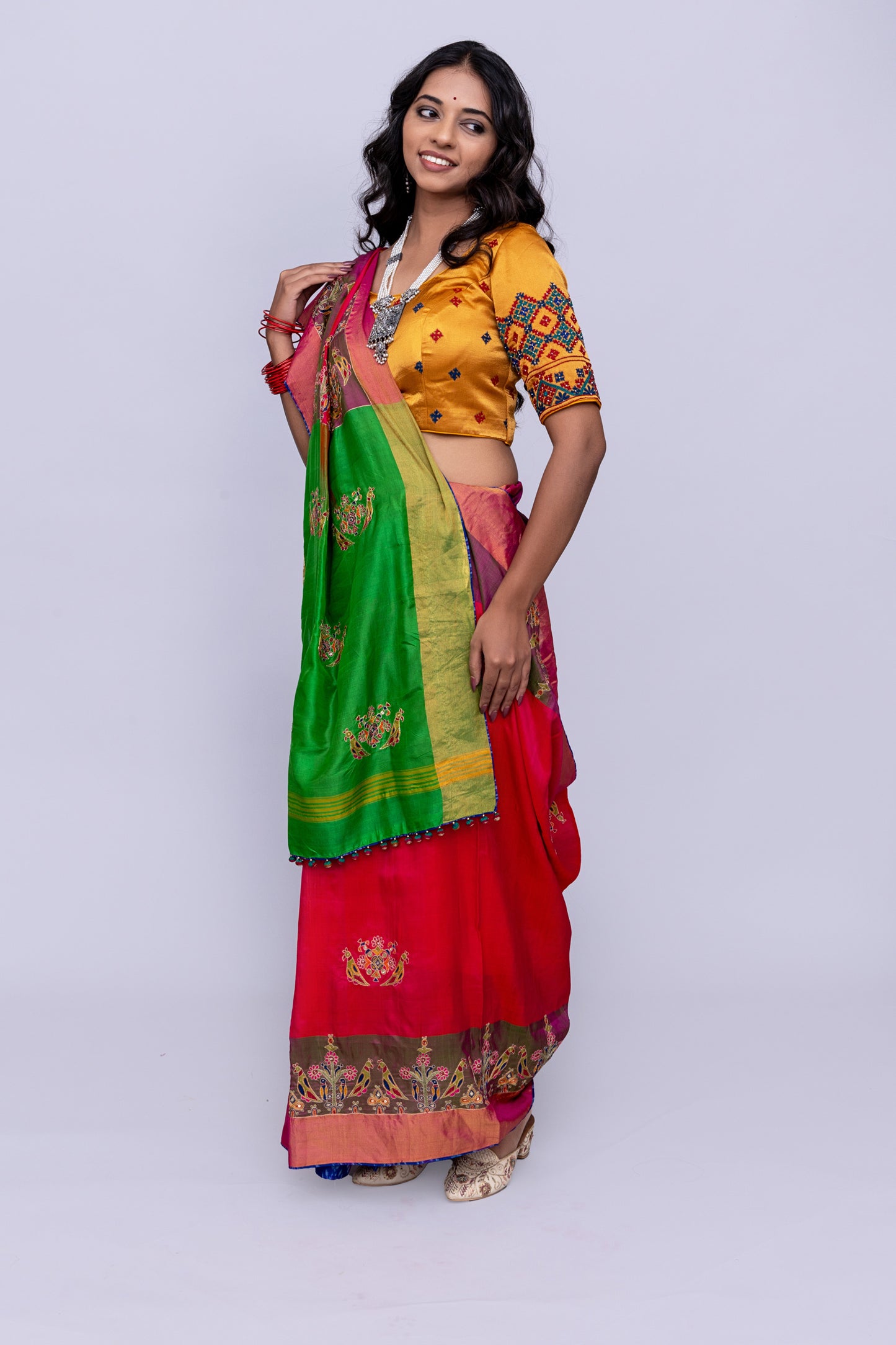 Festive Green-Pink Mulberry Silk Saree With Aari Needlework