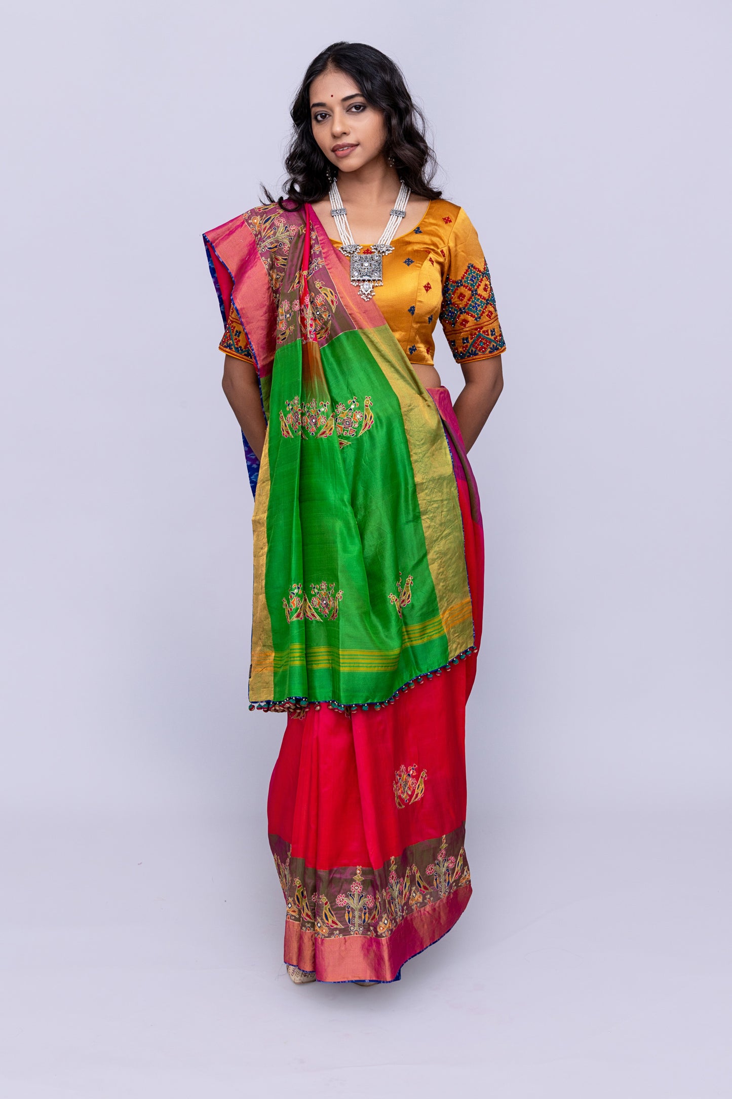 Festive Green-Pink Mulberry Silk Saree With Aari Needlework