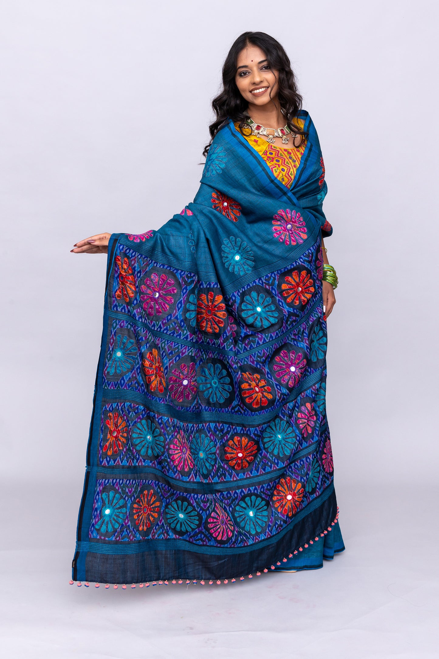 Handcrafted Blue Tussar Silk Saree – Artisanal Appliqué Elegance
