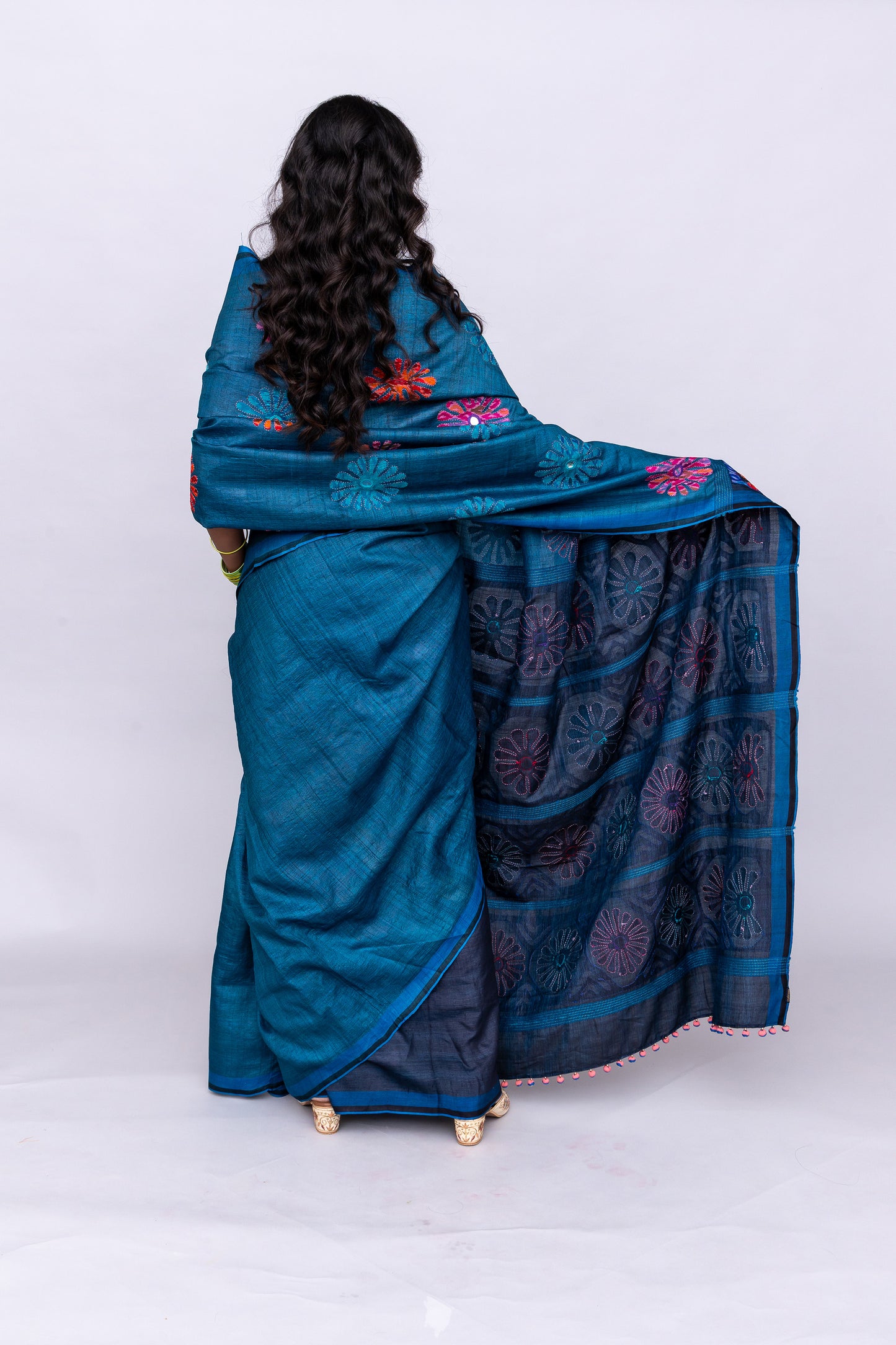 Handcrafted Blue Tussar Silk Saree – Artisanal Appliqué Elegance