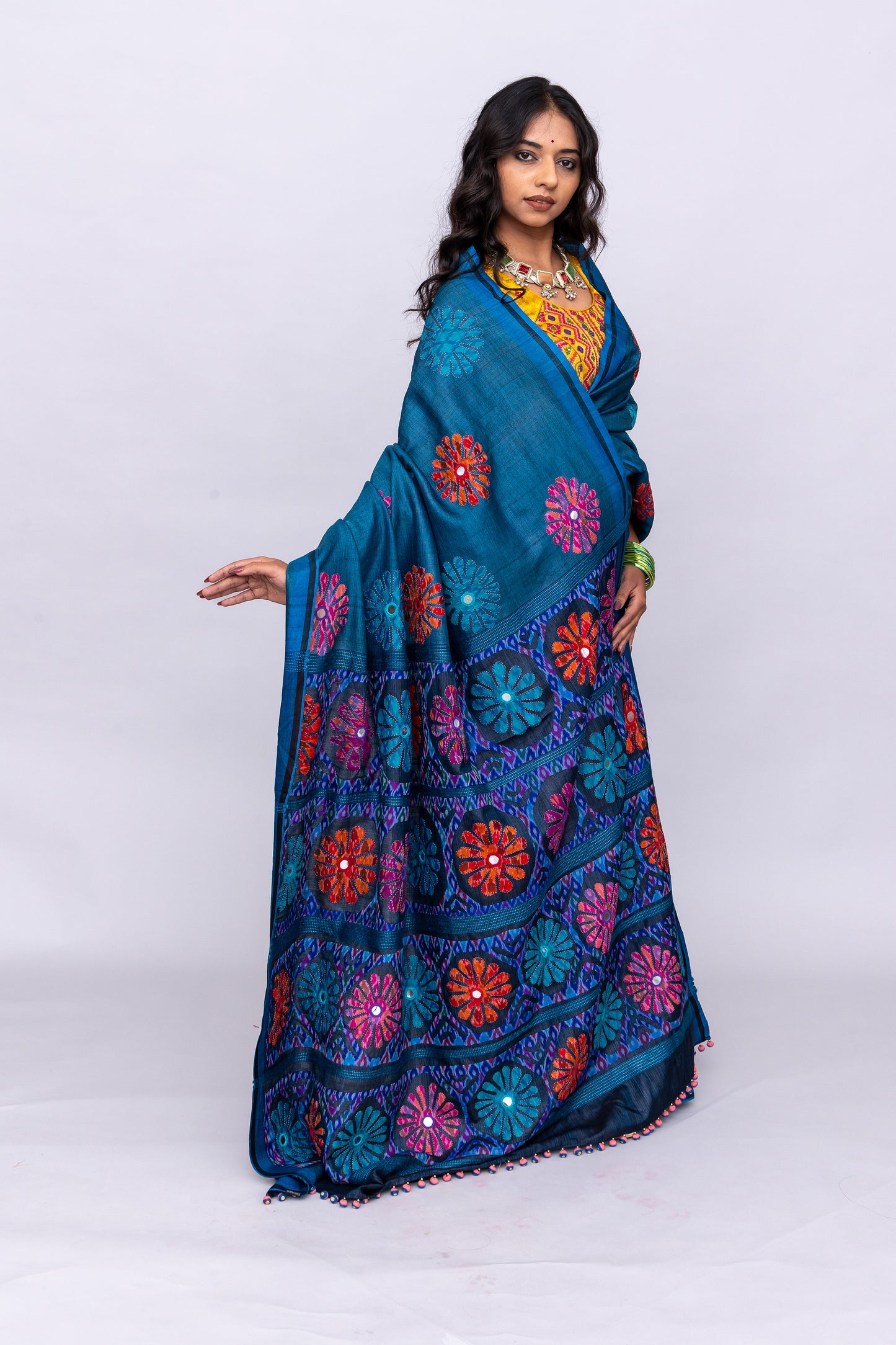 Handcrafted Blue Tussar Silk Saree – Artisanal Appliqué Elegance