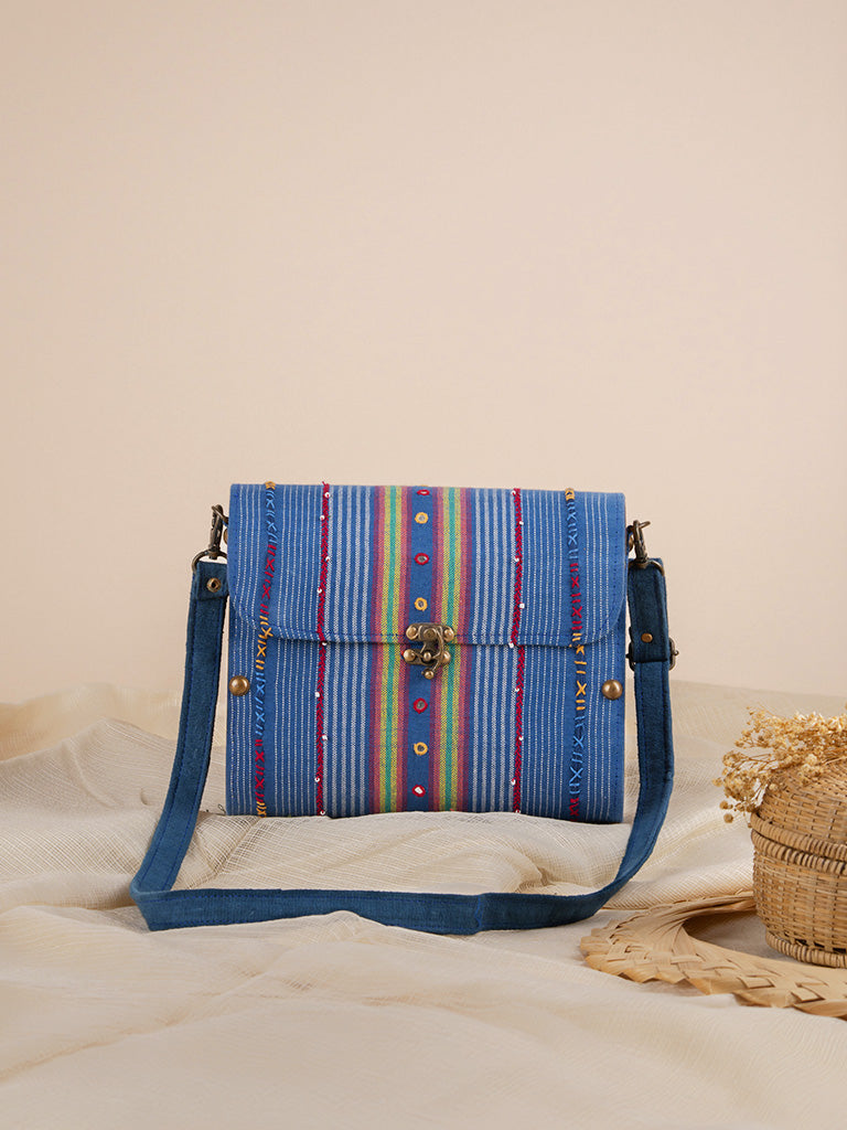 Blue Capsul Hand Woven  Wooden Sling Bag