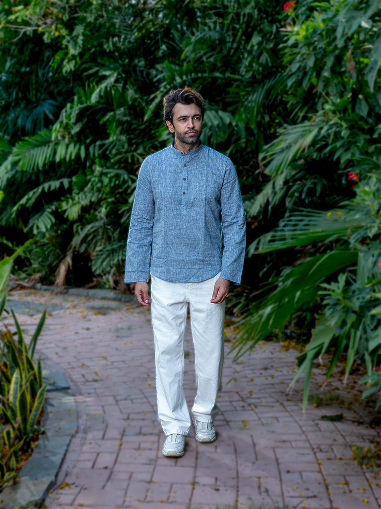 Handwoven Linen Sky-Blue Short Kurta