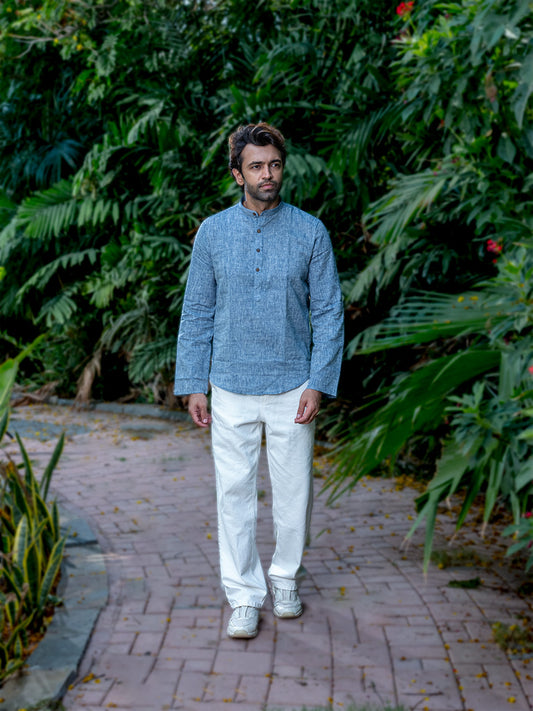 Handwoven Linen Sky-Blue Short Kurta