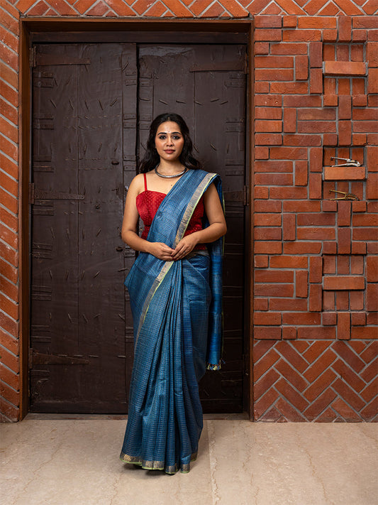 Checkered Tussar Blue Saree