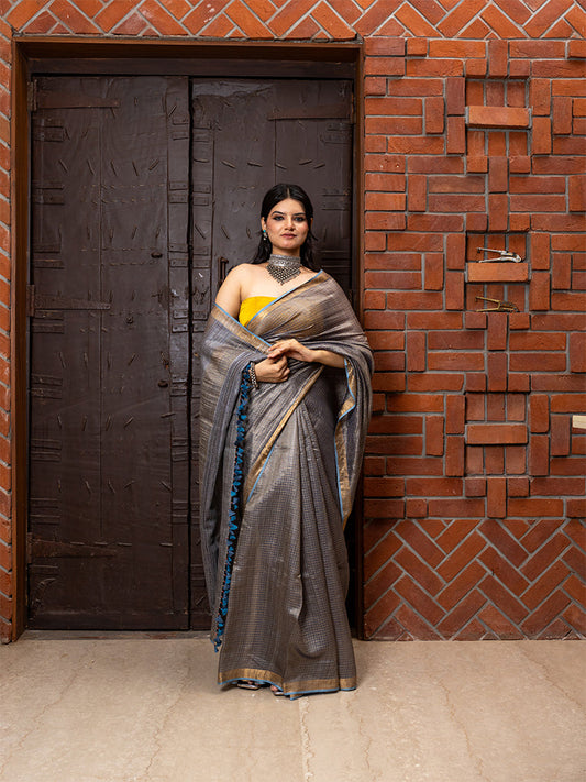 Metallic Grey-Shaded Tussar Silk Saree