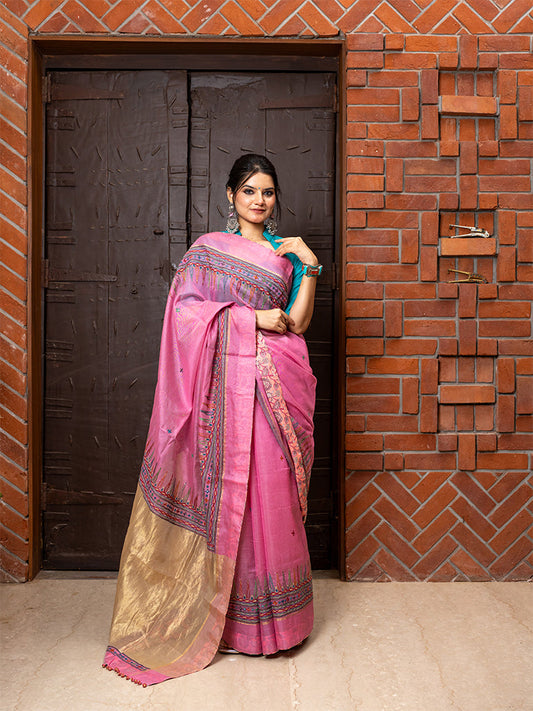 Dark-Pink Hand-Embroidered Floral Saree