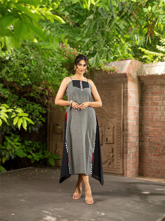 Spaghetti Dress With Applique And Mirror Work on Karnatak Weave