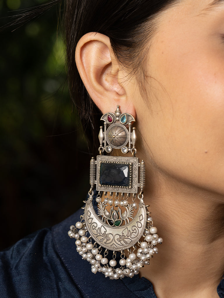 Grey Chand Oxidised Jhumka Earrings