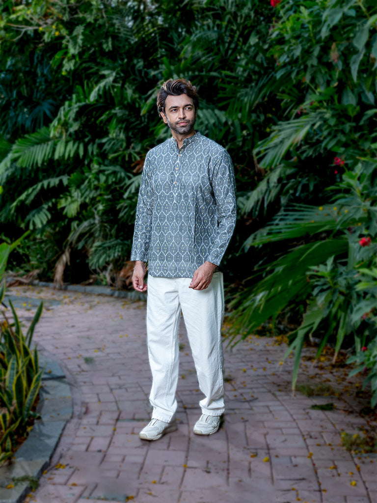 Handwoven Ikkat Grey Short Kurta