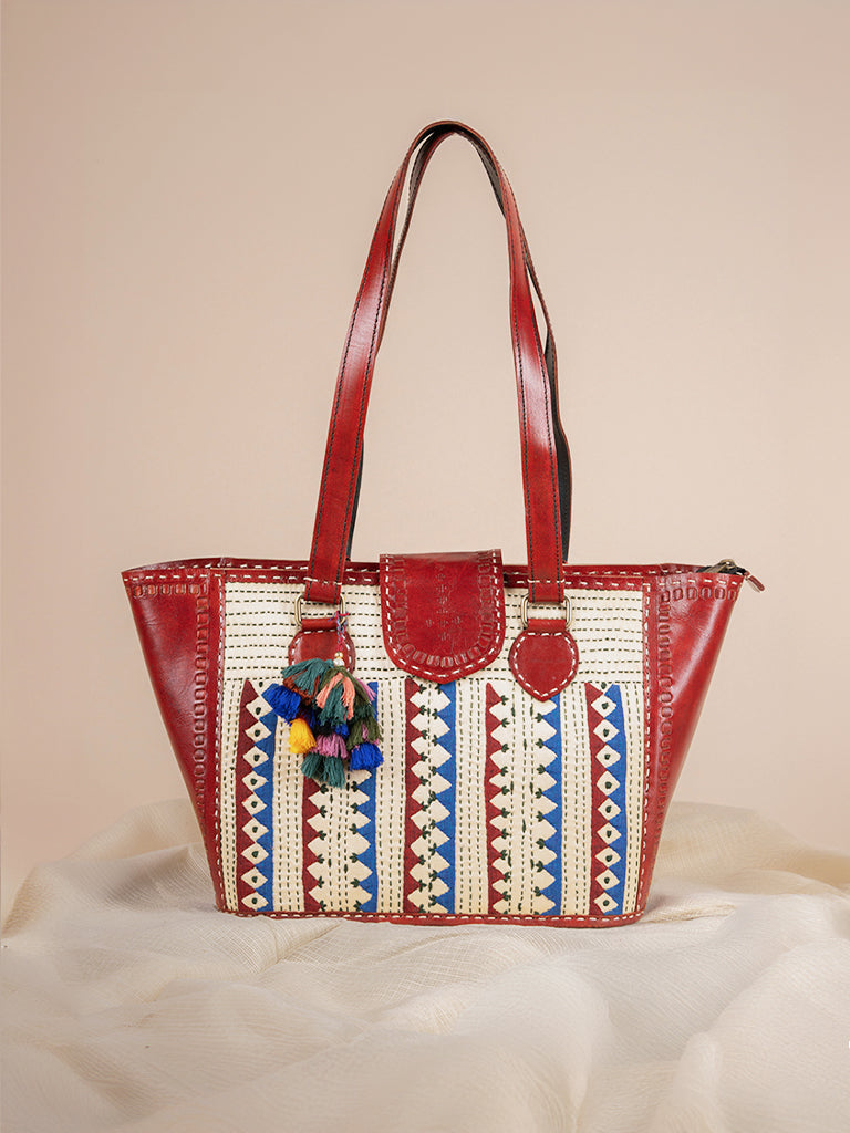 Applique & Running Stitch Leather Hand Bag