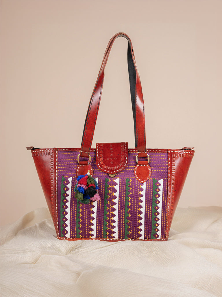 Applique & Running Stitch Leather Hand Bag