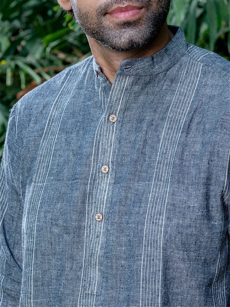 Handwoven Grey-White Stripes Short Kurta