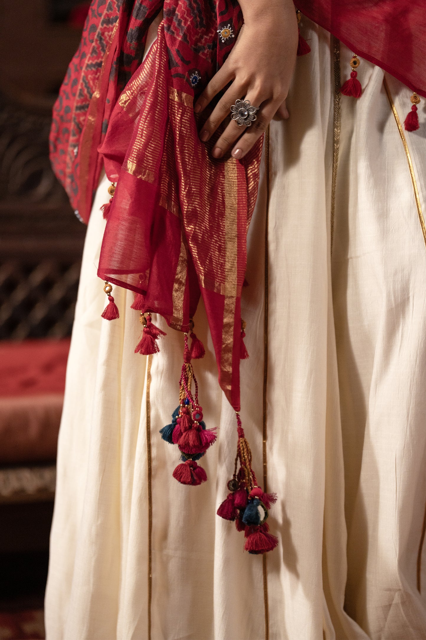 Red Chanderi Handwork Block Printed Dupatta