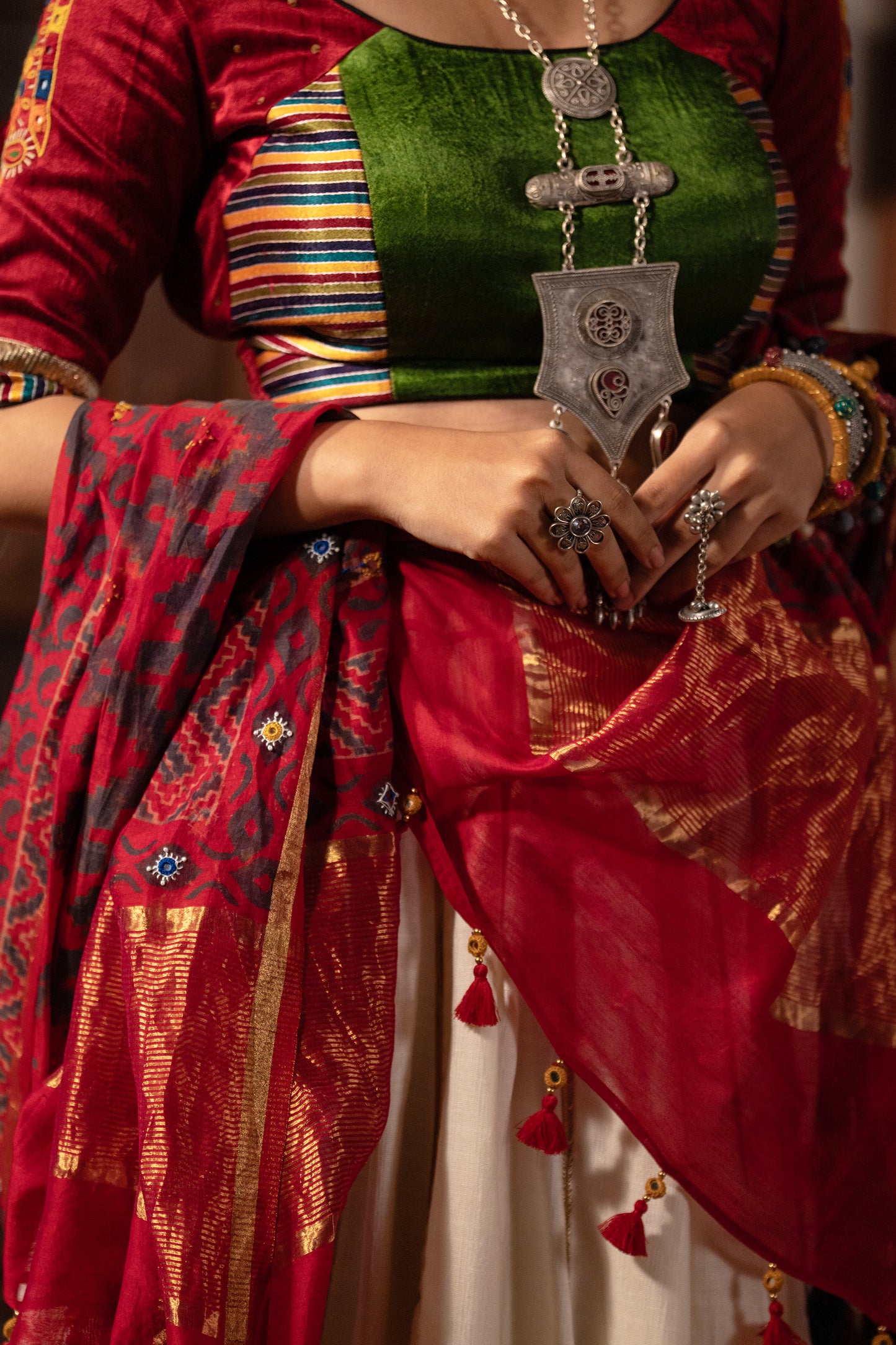 Red Chanderi Handwork Block Printed Dupatta