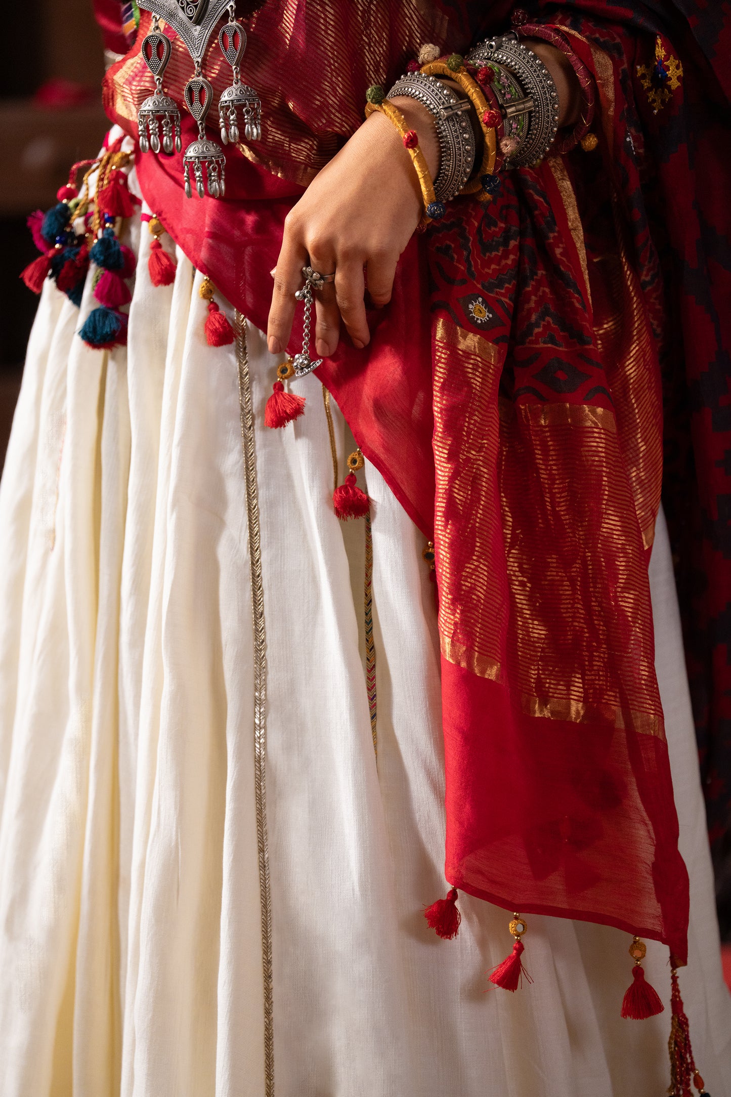 Red Chanderi Handwork Block Printed Dupatta