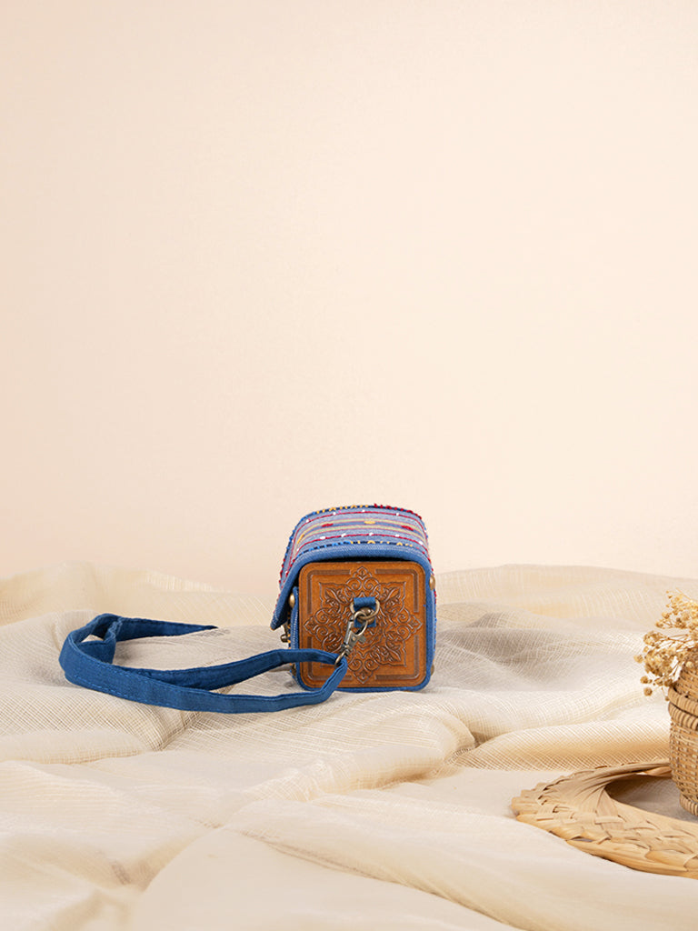 Blue Square Hand Woven Wooden Sling Bag