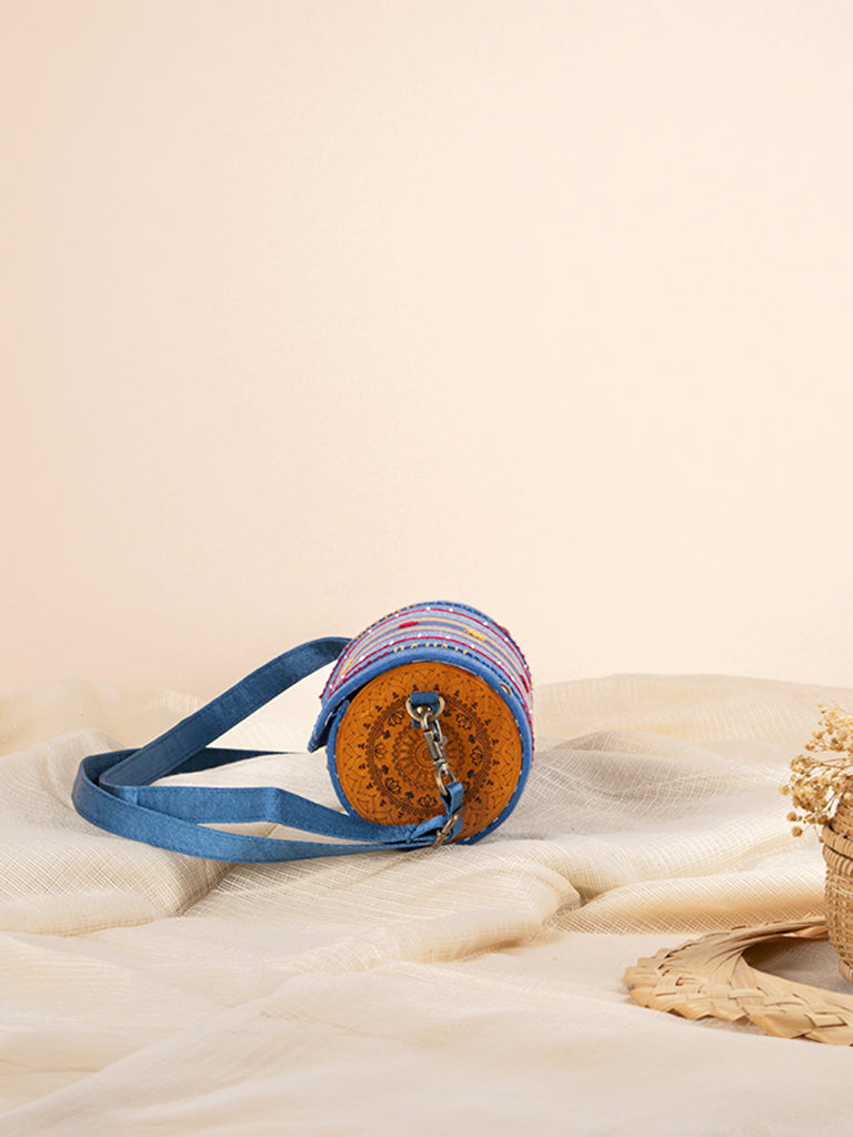 Blue Round Hand Woven Wooden Sling Bag