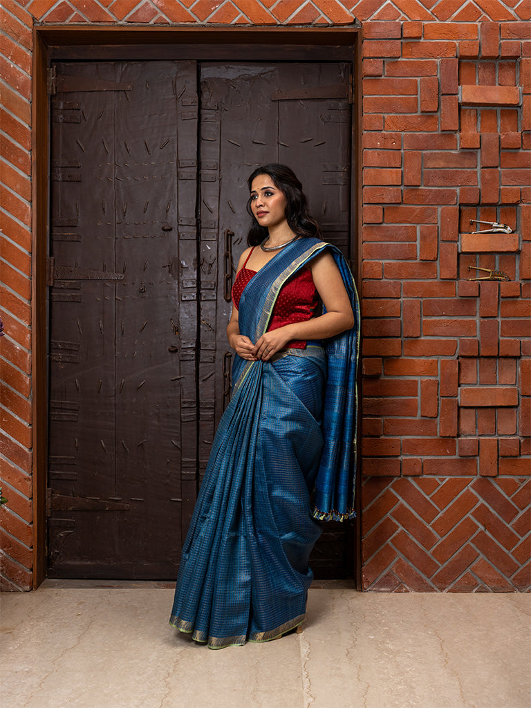 Checkered Tussar Blue Saree